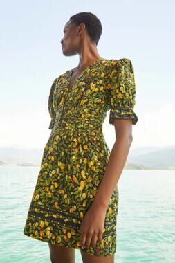 Farm Rio Linen Blend Mini Dress Womens Small Green Star Fruit Puff Sleeve Summer